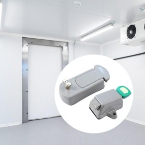 Cold room door lock with internal safety release button and external key latch