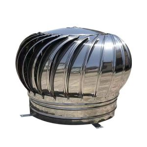 Cyclone wind driven roof ventilator installed on industrial building roof, unpowered turbine ventilation system for improving airflow and reducing heat buildup.