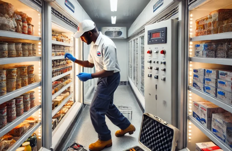 A clean and detailed view inside a cold room being repaired by a technician from Cold Room Kahuna in Kenya.
