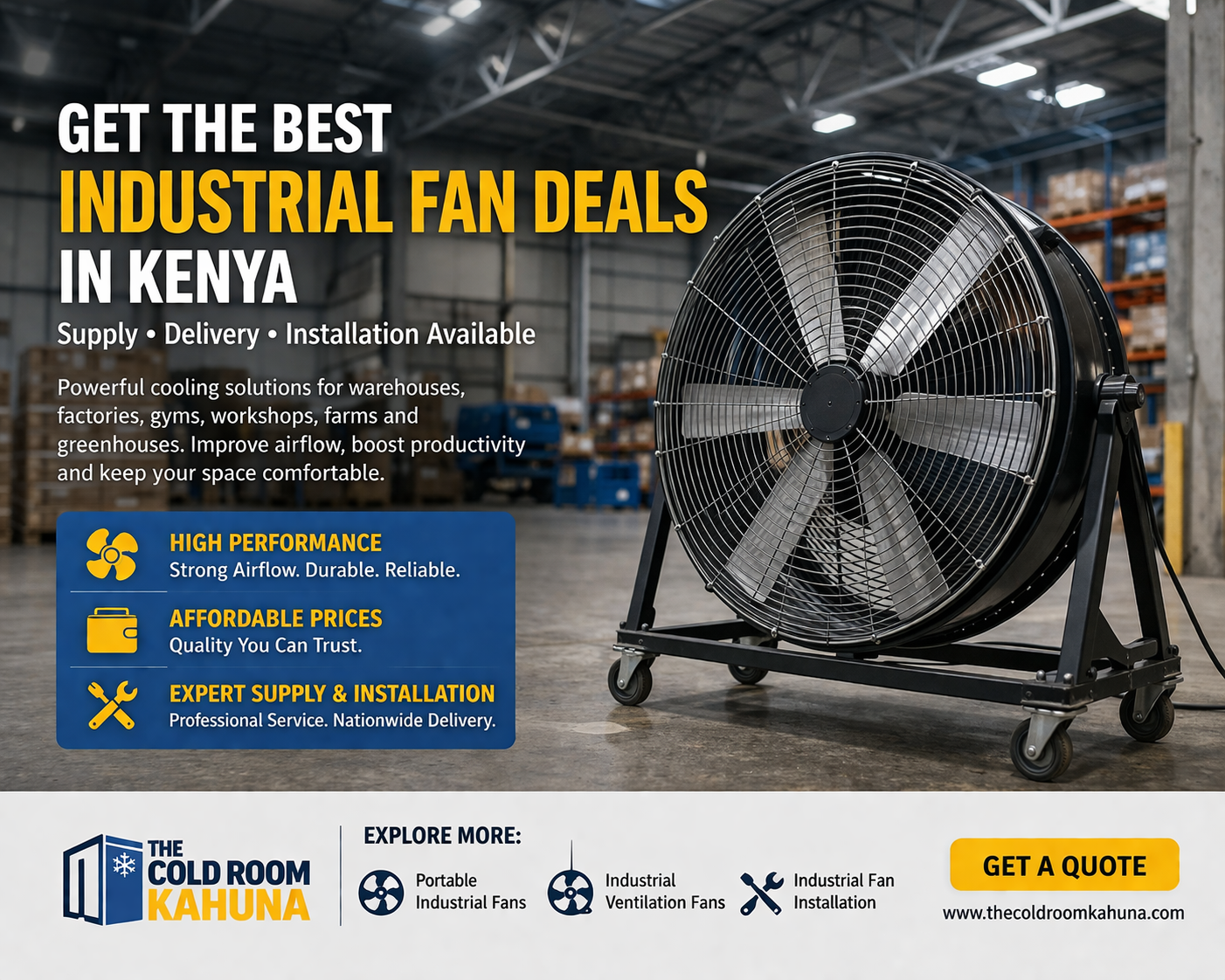 Industrial fan in warehouse Kenya with high-performance airflow and installation services