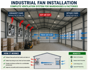 Industrial fan installation in Kenya showing warehouse ventilation with exhaust and intake fans airflow system