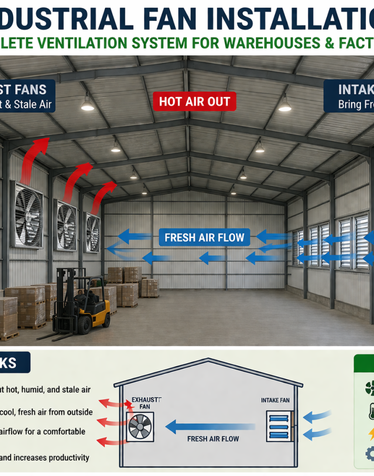 Industrial fan installation in Kenya showing warehouse ventilation with exhaust and intake fans airflow system