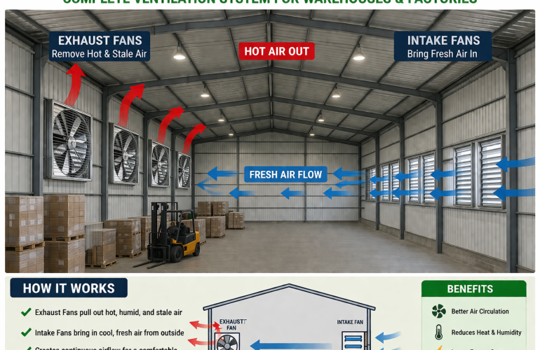 Industrial fan installation in Kenya showing warehouse ventilation with exhaust and intake fans airflow system