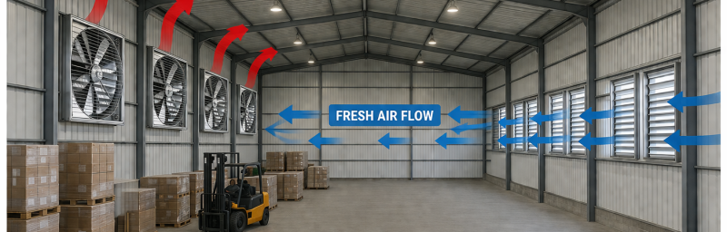 Industrial fan installation in Kenya showing warehouse ventilation with exhaust and intake fans airflow system