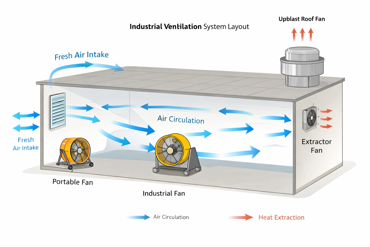 Industrial ventilation system showing industrial fan, portable fan, and extractor fan airflow