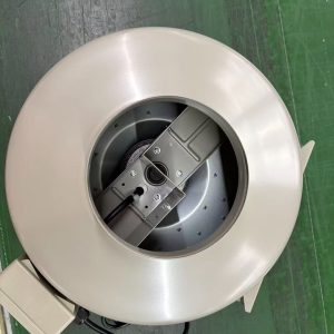 Circular duct inline ventilation fan installed in HVAC air duct system for industrial airflow