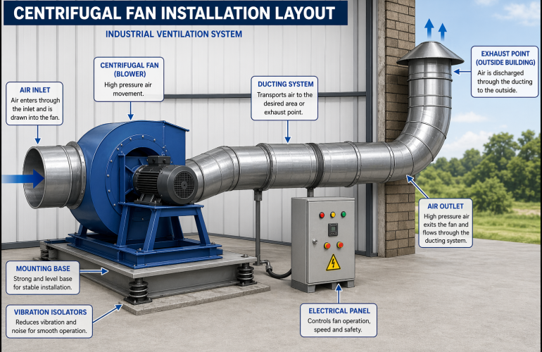Centrifugal fan installation in Kenya showing industrial ventilation system setup for warehouse air extraction and cooling