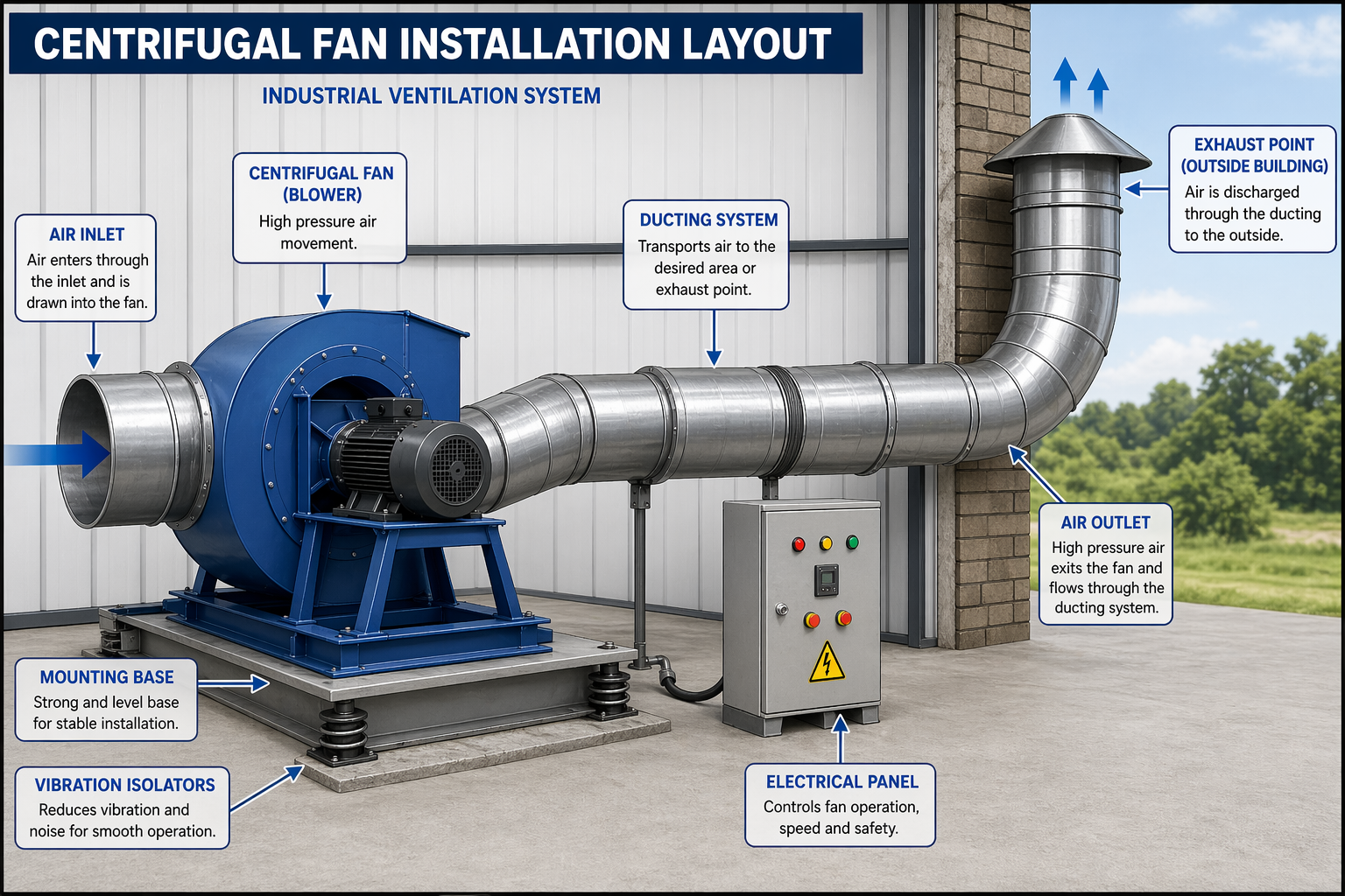 Centrifugal fan installation in Kenya showing industrial ventilation system setup for warehouse air extraction and cooling