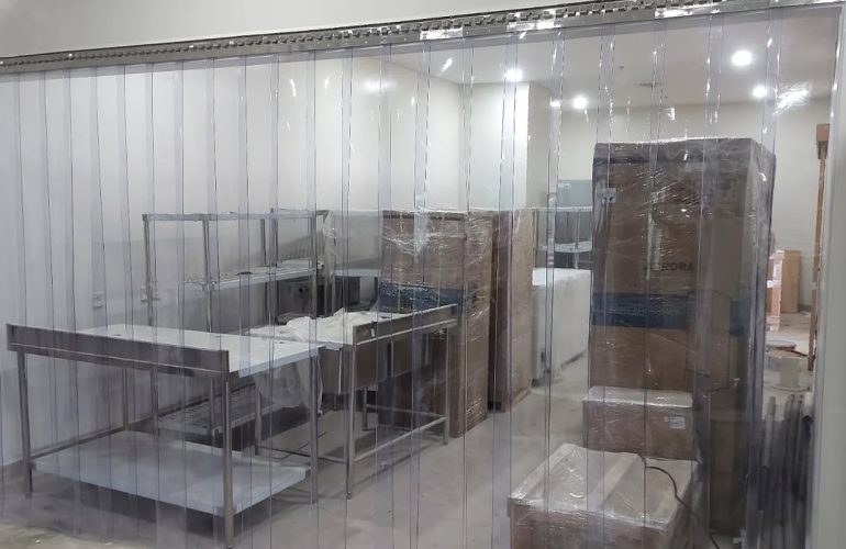 PVC strip curtain installed at cold room entrance in Kenya
