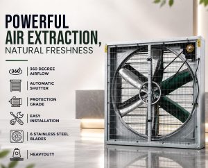 Industrial air extraction fan with six stainless steel blades and automatic shutter