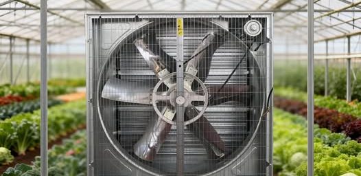 Commercial greenhouse fitted with exhaust fans, evaporative cooling pads, and air circulation fans for climate control in Kenya