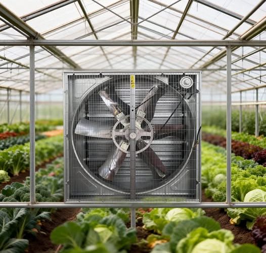 Commercial greenhouse fitted with exhaust fans, evaporative cooling pads, and air circulation fans for climate control in Kenya