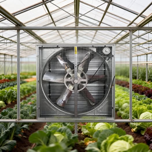 Commercial greenhouse fitted with exhaust fans, evaporative cooling pads, and air circulation fans for climate control in Kenya