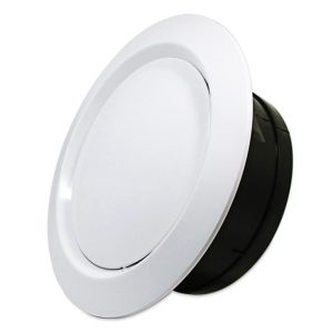 White HVAC disk valve diffuser installed on ceiling for adjustable supply and exhaust air ventilation