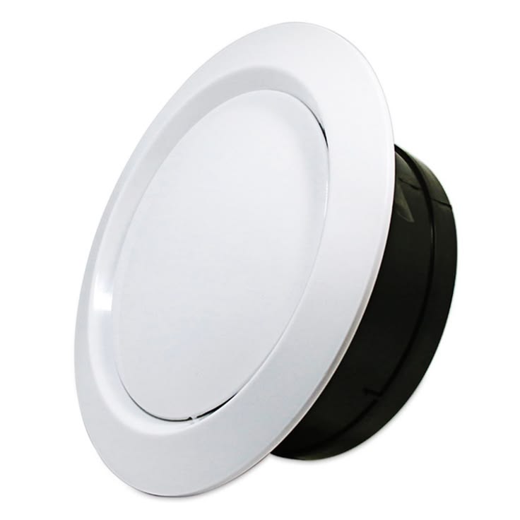 White HVAC disk valve diffuser installed on ceiling for adjustable supply and exhaust air ventilation