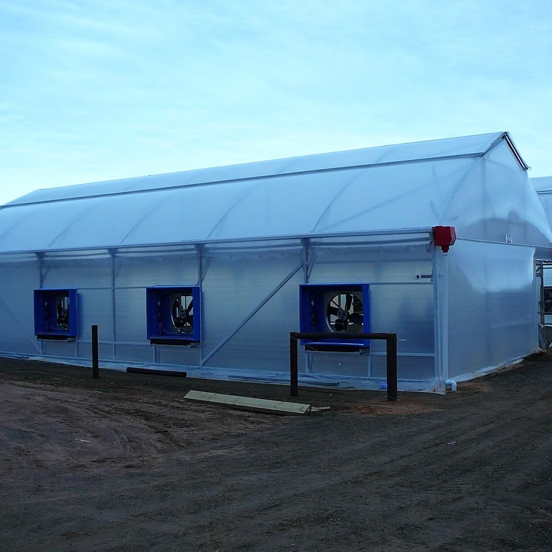 Greenhouse structure with large blue-framed exhaust fans mounted on the wall