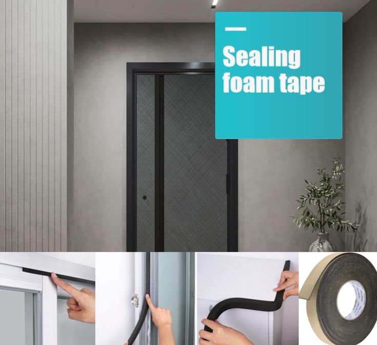 Self-adhesive foam gasket tape installed on a door frame to provide airtight sealing and insulation.