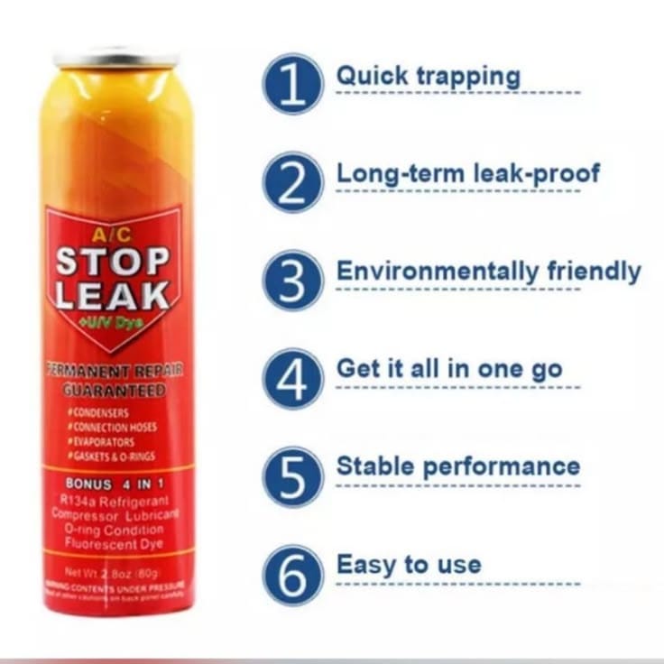 Bitop A/C Stop Leak with UV dye for sealing small refrigerant leaks in R134a air conditioning and refrigeration systems.