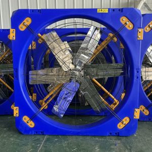 Hanging industrial exhaust fan with blue polypropylene frame and stainless steel blades