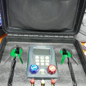 Digital manifold pressure tester with refrigerant hoses and carrying case